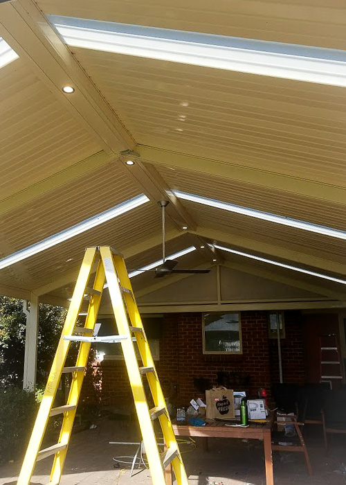 Pergola- down lights and ceiling fan installed by Melba Electrical Services